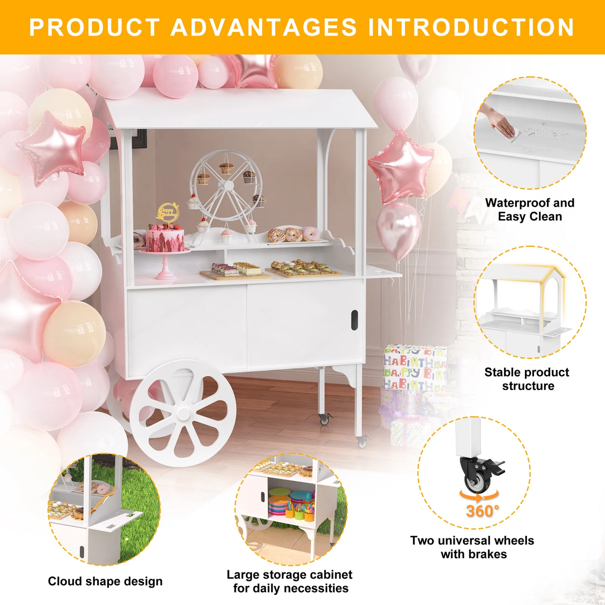 Candy Cart with Wheels for Party,Wood Dessert Cart with Storage Cabinet