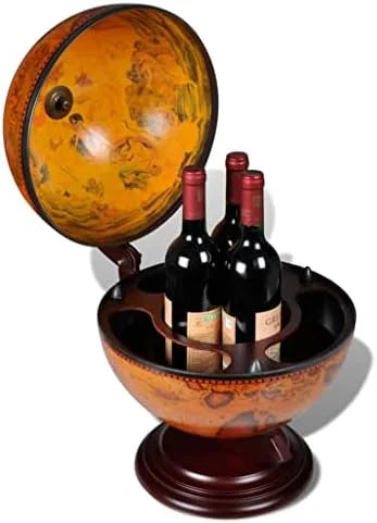 Green & Brown Tabletop Globe Wine Stand - Eucalyptus Wood with Antique Replica Frescoes and 16th Nautical Maps - Assembly Required