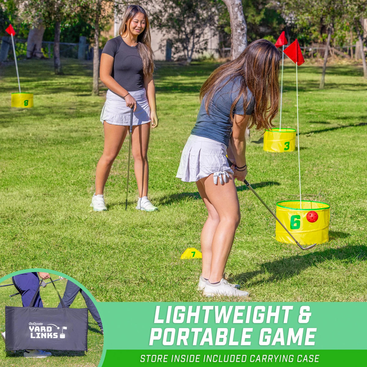 GoSports Yard Links Golf Game with 6 Buckets, Backyard Practice Golfer Game, Tee Markers and 6 Balls