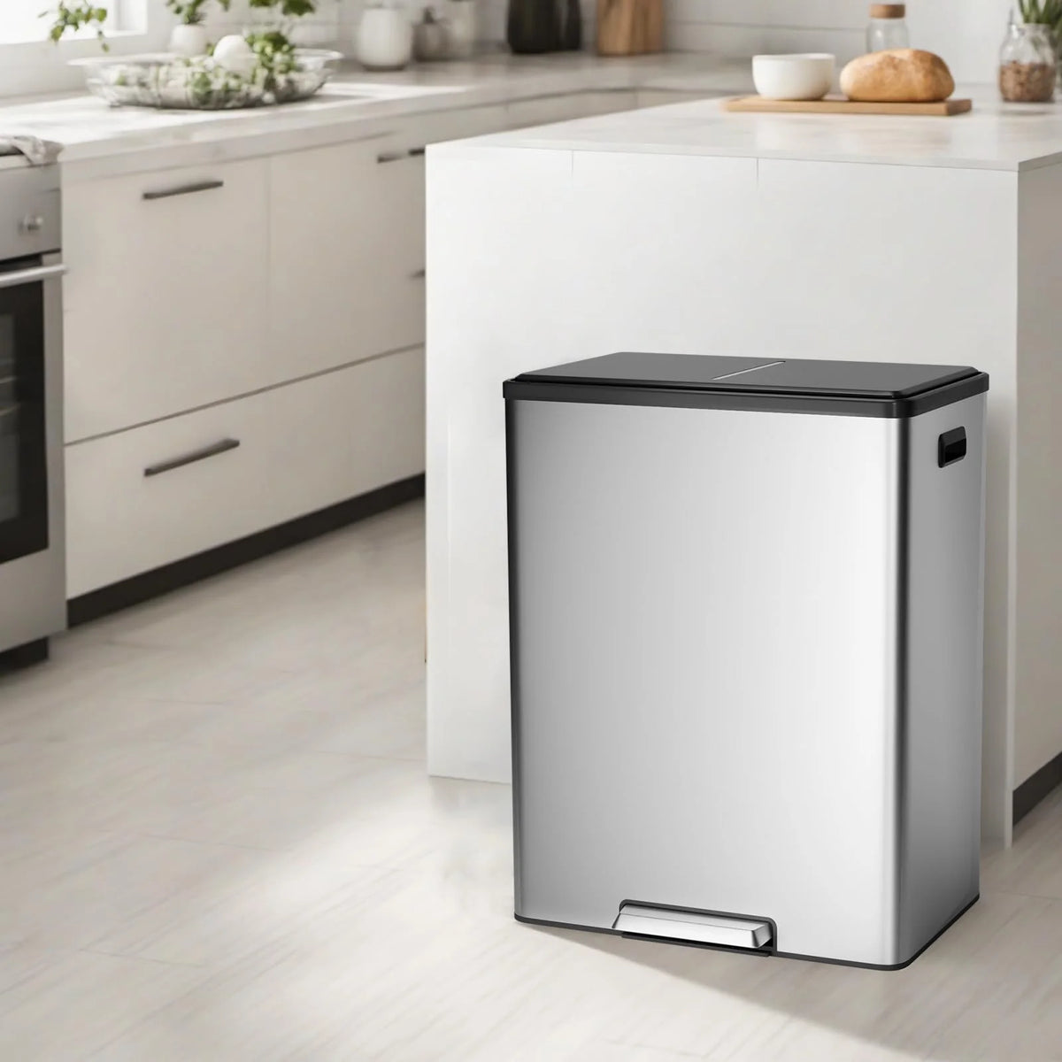 JoanKaren 16 Gallon Stainless Steel Dual Compartment Step Kitchen Trash Can with Lid & 2 Removable Wastebaskets,Kitchen Garbage Can & Recycling Bin,Black