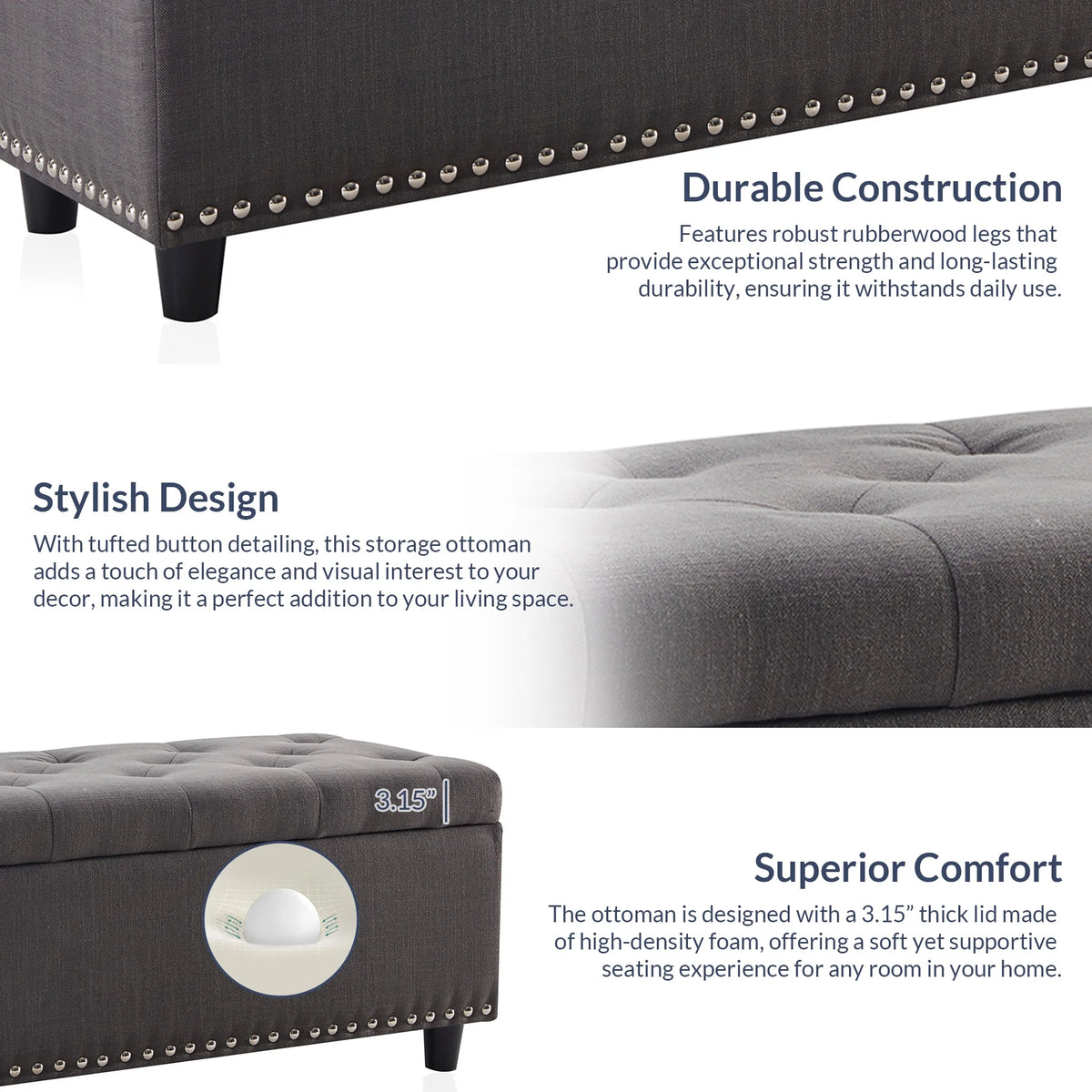 BELLEZE Button-Tufted Faux Leather Storage Ottoman Bench - Brentwood (Dark Brown)