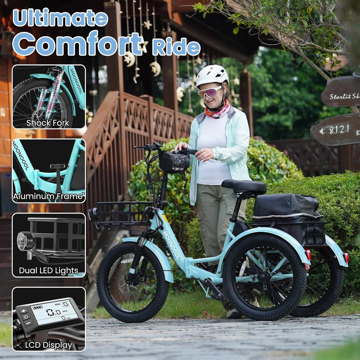 MOONCOOL TK1 Folding Electric Tricycle for Adults,48V 14.5Ah Removable battery, 500W(Peak 1000w)Motor, 20" Fat Tire Step-Thru 3Wheel Electric Bicycle w/Front&Rear Baskets, Certified to UL 2849 by SGS