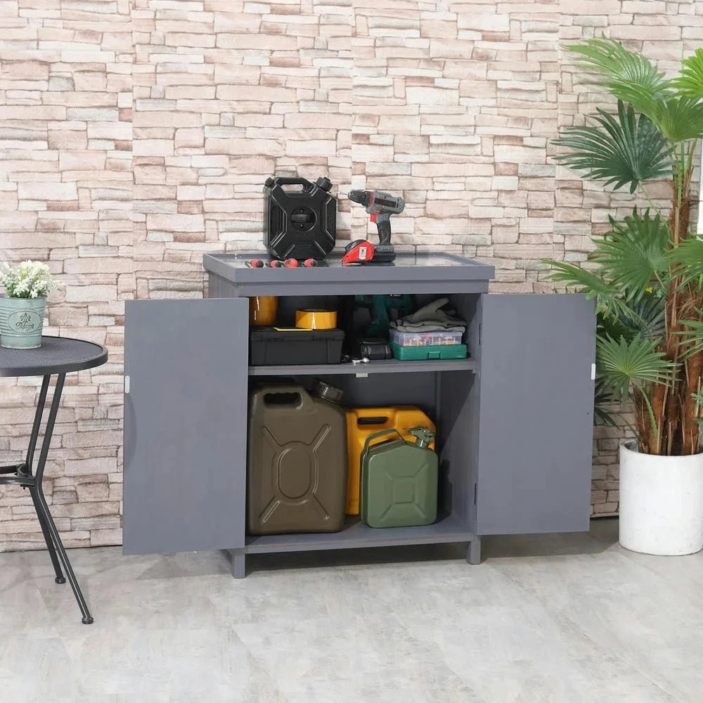 Spaco Garden Storage Cabinet, Outdoor Tool Shed with Galvanized Top and Two Shelves, Yard Tools or Pool Accessories, Gray