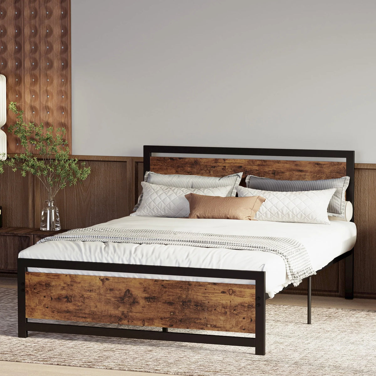 LIKIMIO Industrial Full Bed Frame with MDF Headboard, Strong Supports