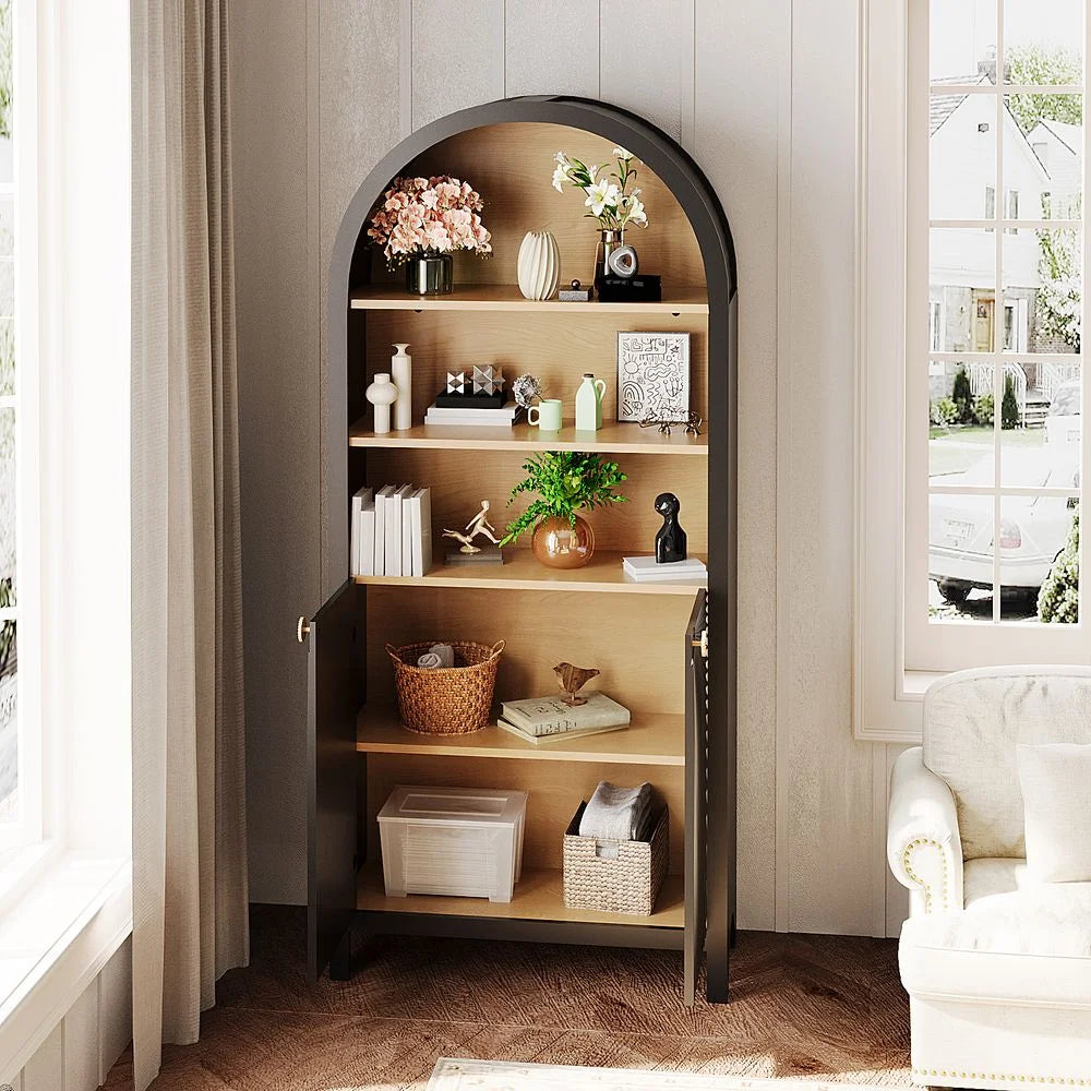 MIDOQIN 5-Tier Black Arched Bookshelf, 61" Tall Arched Bookcase with Storage Shelves and Door