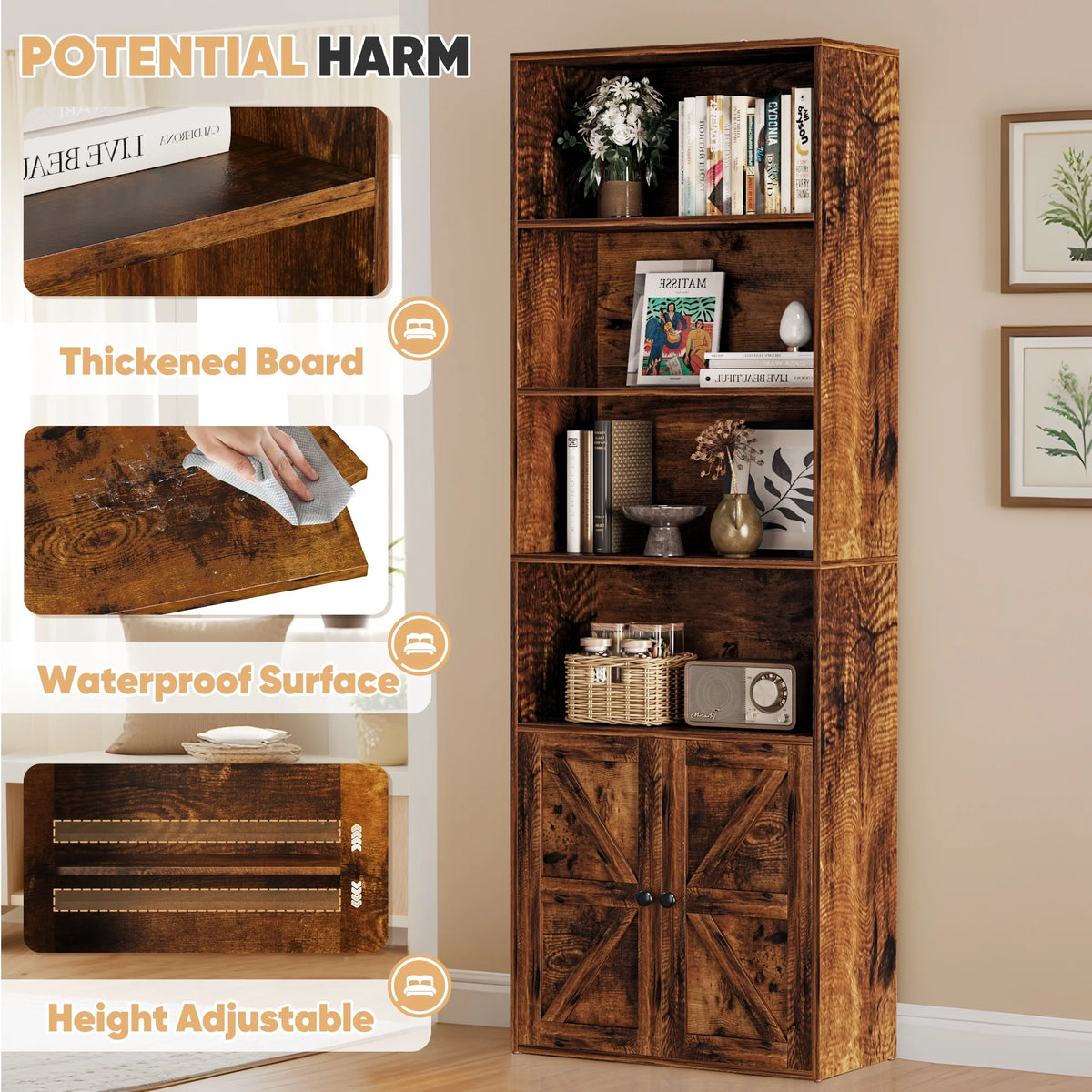 Furmax 1 Piece 4-Shelf Farmhouse Bookcases 4-Tier Bookshelf with Adjustable Shelves&Doors,Storage Cabinet for Home Living room,Kitchen,Office,White