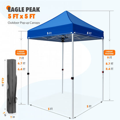 EAGLE PEAK 5x5 Pop Up Canopy Tent Instant Outdoor Canopy Easy Set-up Straight Leg Folding Shelter（Blue）