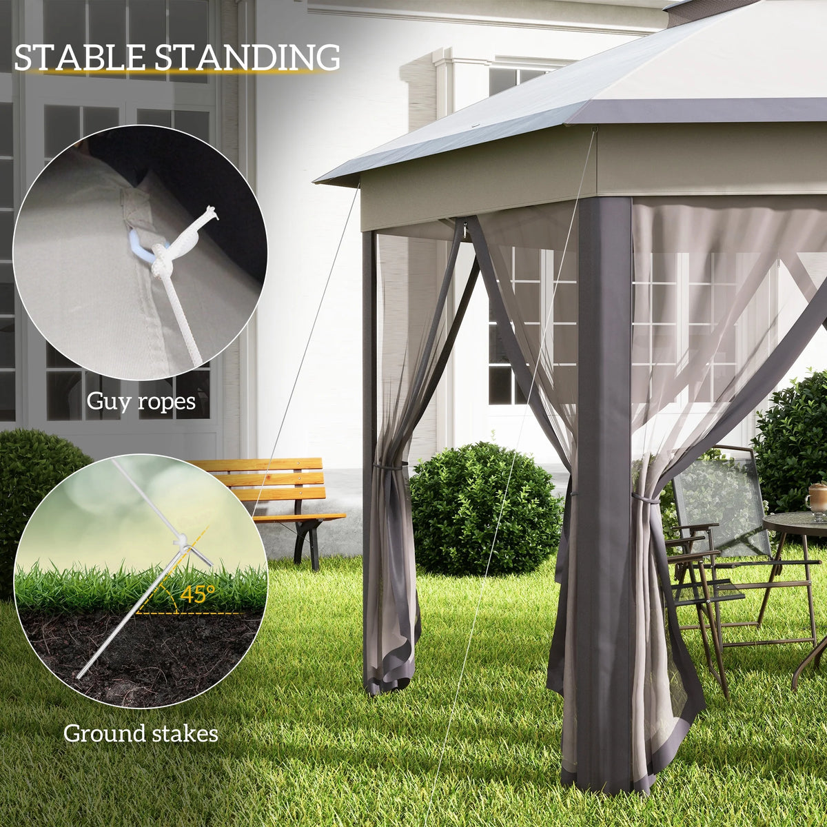 Outsunny 13' x 13' Pop Up Gazebo Hexagonal Canopy with 6 Zippered Mesh Netting, 2-Tier Roof Event Tent with Steel Frame for Patio Backyard, Gray