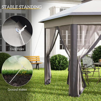Outsunny 13' x 13' Pop Up Gazebo Hexagonal Canopy with 6 Zippered Mesh Netting, 2-Tier Roof Event Tent with Steel Frame for Patio Backyard, Gray