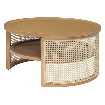 Harper & Bright Designs Rattan Round Coffee Table with Storage Shelf, Round Cane Wood Center Table for Living Room, 37'' Brown