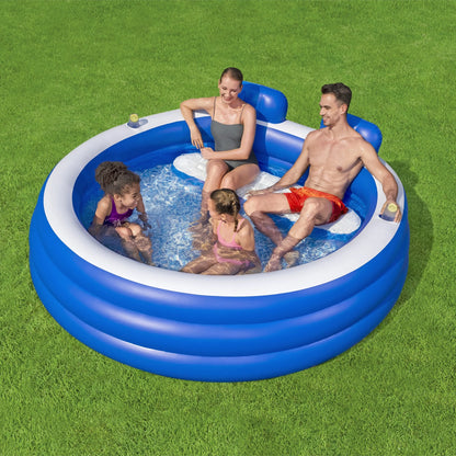 H2OGO! Splash Paradise Family Pool 7'7" x 7'2" x 31"  - Inflatable, Blue & White, Bestway, 225 Gallon Capacity, Outdoor & Backyard, Bench Seat, Built-In Cupholders, Suitable For Children Ages 6+