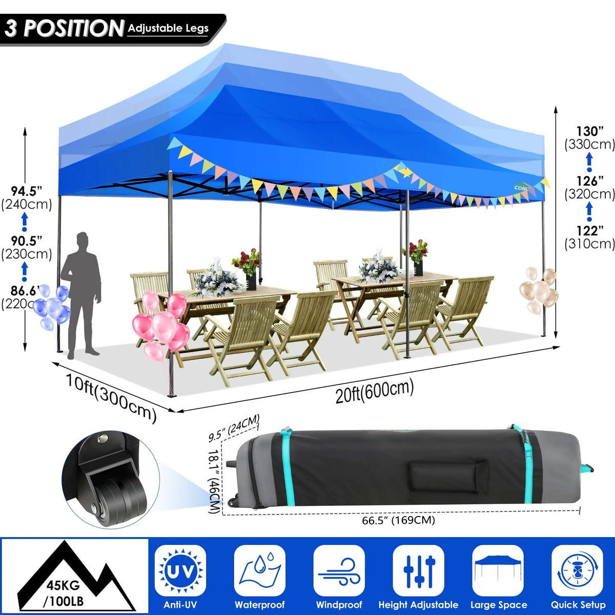COBIZI 10x15ft Pop up Canopy, Heavy Duty Party Canopy Waterproof Commercial for Outdoor,Black