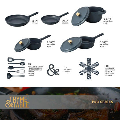 Thyme & Table 18-Piece Non-stick Diecast Cookware & Silicone Utensil Set, Pots and Pans Set - Atlantic Blue