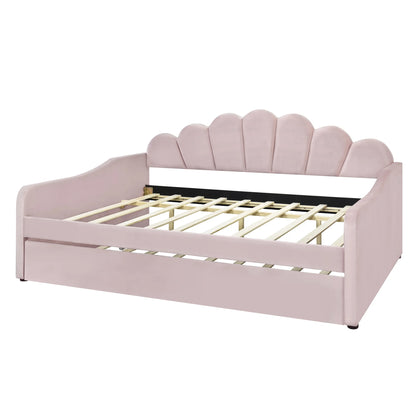EUROCO Upholstery Full Size Platform Bed, Upholstered Daybed with Headboard and Trundle, Beige