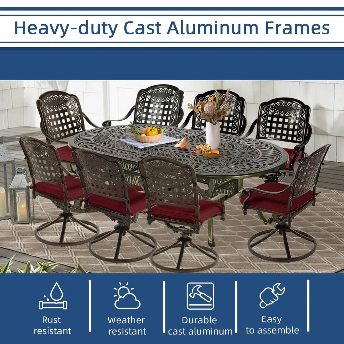 9-Piece Patio Cast Aluminum Dining Set, 8 Person Outdoor Dining Furniture Set, includes 84" Oval Table and 8 Swivel Dining Chairs with Umbrella Hole for Patio Deck Garden, Tan