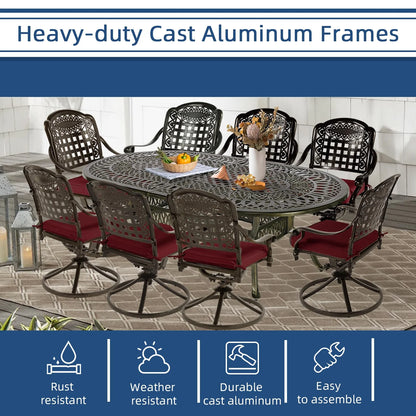 9-Piece Patio Cast Aluminum Dining Set, 8 Person Outdoor Dining Furniture Set, includes 84" Oval Table and 8 Swivel Dining Chairs with Umbrella Hole for Patio Deck Garden, Tan