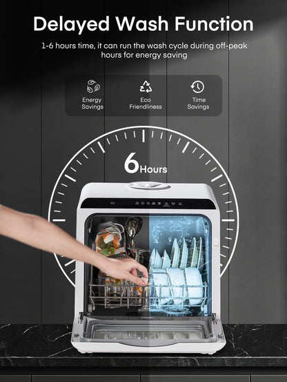 FOHERE Countertop Dishwasher with 6H Delay Cleaning, Portable Dishwasher w/5L Built-in Water Tank, 6 Programs, 360 Dual Spray, High-Temp