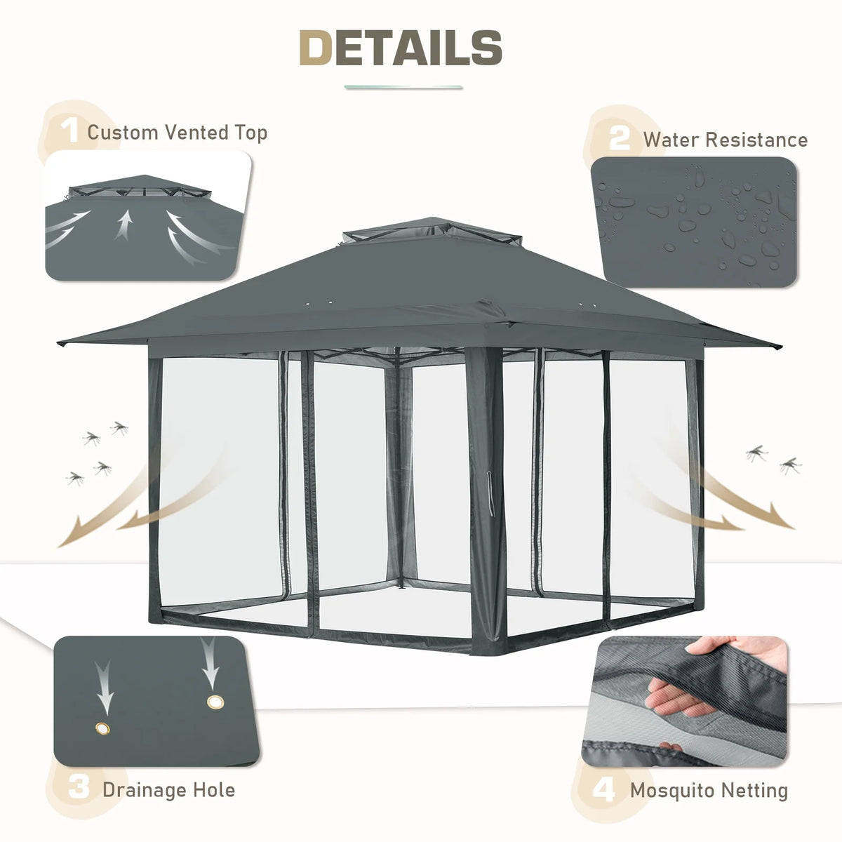 EAGLE PEAK 13' x 13' Pop-Up Gazebo Tent Instant w/Mosquito Netting，Outdoor Gazebo Canopy Easy Set-up Folding Shelter (Beige/Brown)