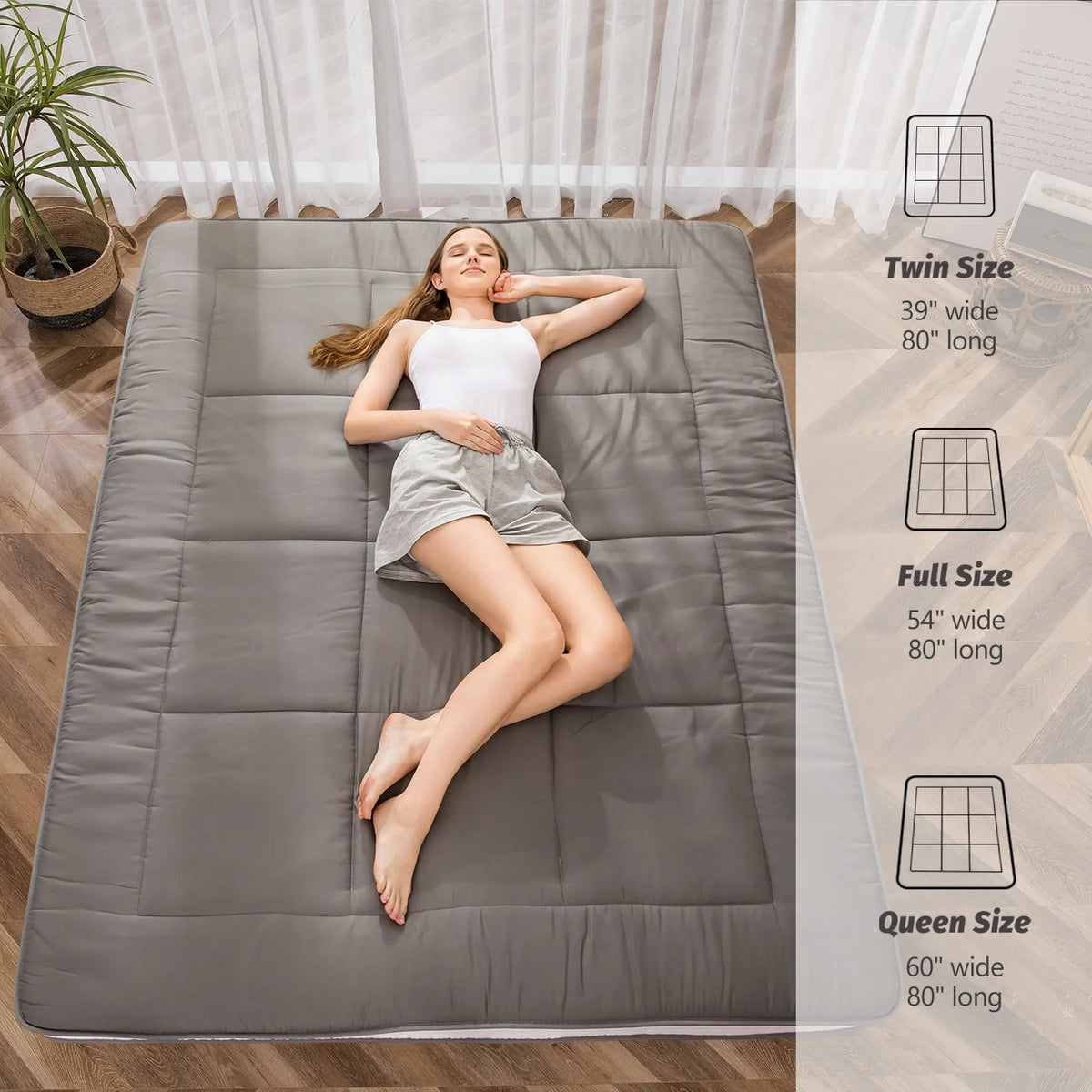Mattress, Padded Japanese Floor Mattress Quilted Bed Mattress Topper, Extra Thick Folding Sleeping Pad, Dark Grey, Queen
