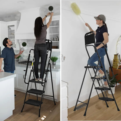 HBTower 4 Step Ladder with Handrails and Tool Bag, Folding Step Stool with Attachable  Anti-Slip Wide Pedal, Black