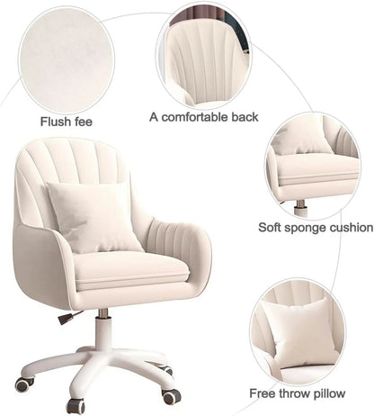Home Office Chair Computer Chair with Mid-Back Upholstered Modern Tufted Computer Task Chair Swivel Height Adjustable Velvet Accent Chair. White