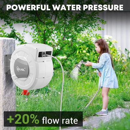 Gewna 1/2 in x 100 ft Retractable Wall Mounted Garden Hose Reel with 10 Pattern Nozzle, Any Length Lock, Slow Return System, 180 Swivel Bracket