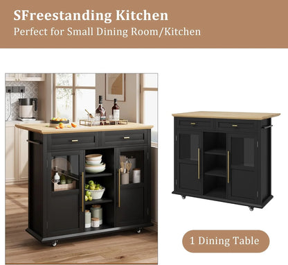WALYWIK Foldable Kitchen Island Cart with Wheels, 2 Glass Doors, Spice Rack & Towel Holder Compact Mobile Storage Cart for Small Kitchens, Dining Rooms, Camping & RVs - Grey