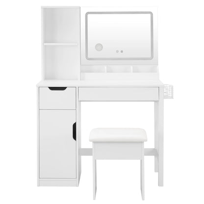 Mainstays Get Ready with Me GRWM Deluxe 2-Piece Vanity and Stool with Lighted Mirror and USB Power, White Finish