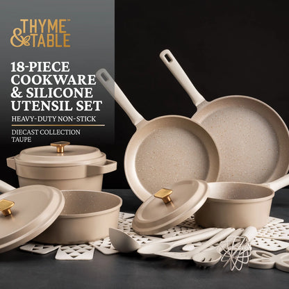 Thyme & Table 18-Piece Non-stick Diecast Cookware & Silicone Utensil Set, Pots and Pans Set - Atlantic Blue