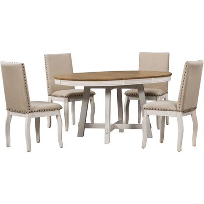 Bellemave 5-Piece Round Dining Table Set, Wood Farmhouse Extendable Dining Table and 4 Upholstered Dining Chairs, Kitchen Dining Table Set for 4 Antique White