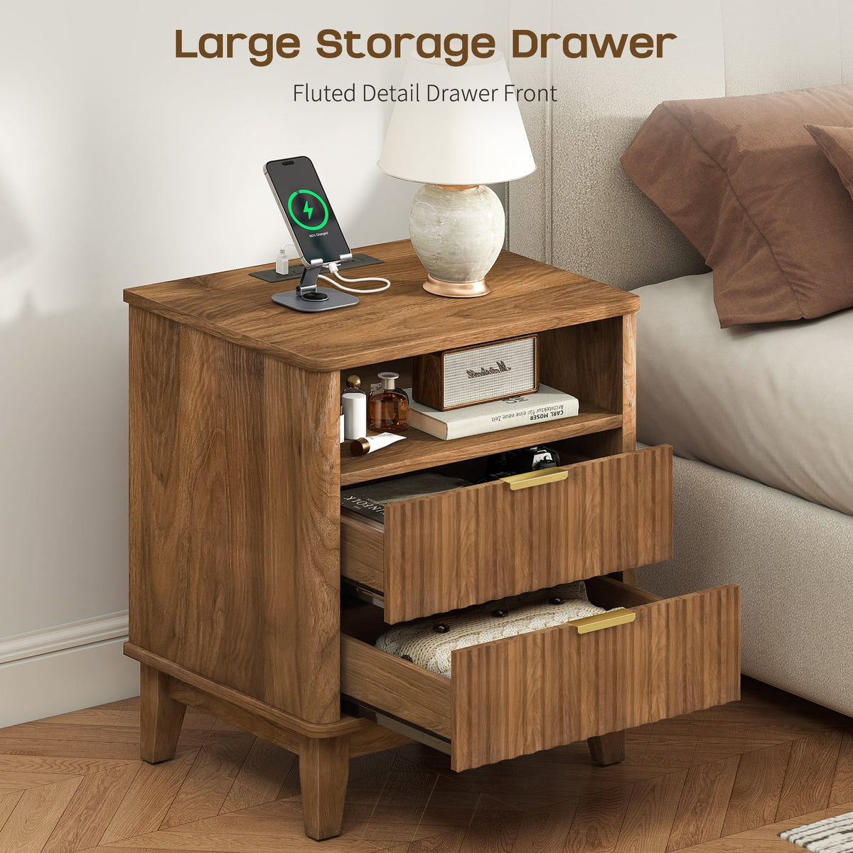 Night Stand with Charger Station, Fluted Nightstand with 2 Drawers and Storage Shelf, Mid Century Modern End Table for Bedroom Living Room,Natural