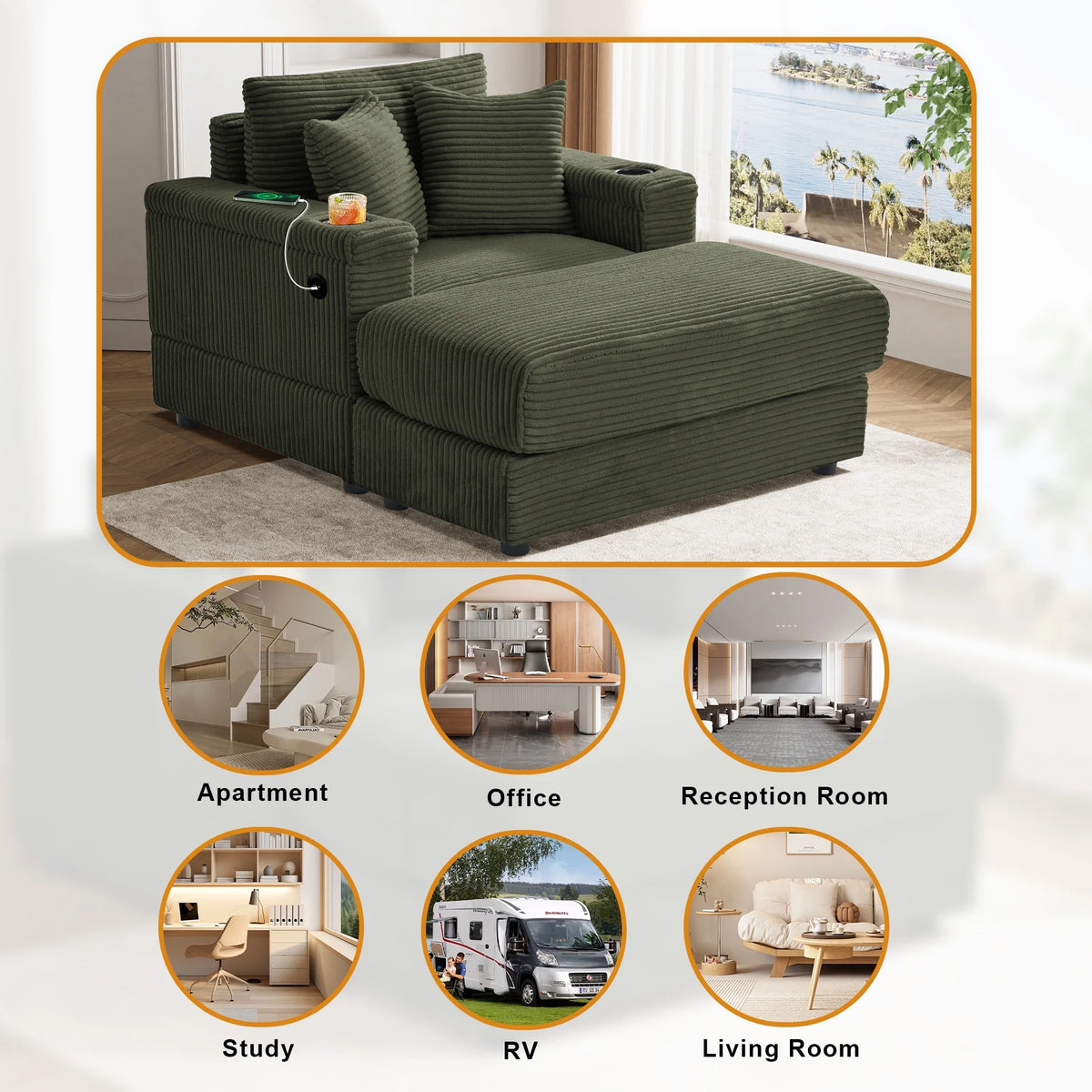 Wiilayok Oversized Lounge Chair Indoor,54" Corduroy Cloud Chaise Lounge Couch Indoor with Ottoman,Cup Holder for Living Room,Bedroom,Beige