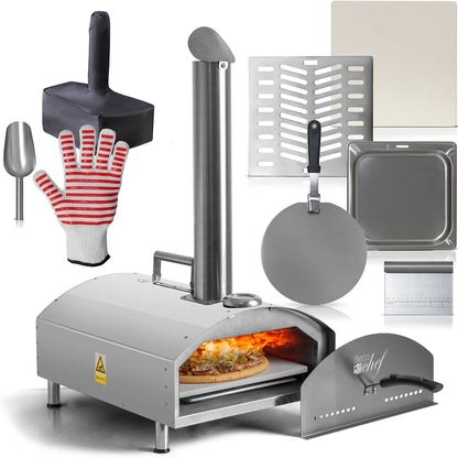 Deco Chef Outdoor Pizza Oven with 2-in-1 Pizza and Grill Oven Functionality, 13" Pizza Stone, Portable 3-Layer Stainless Steel Construction, Pizza Peel, Dough Scraper, Scoop, Slotted Grill (Black)