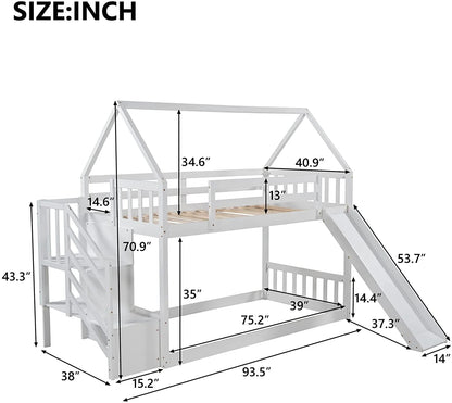 Low Bunk Bed with Slide and Stairs, Wood Twin Over Twin House Bunk Beds for Kids, Floor Bunk Bed with Stairway Easy Assembly (White)