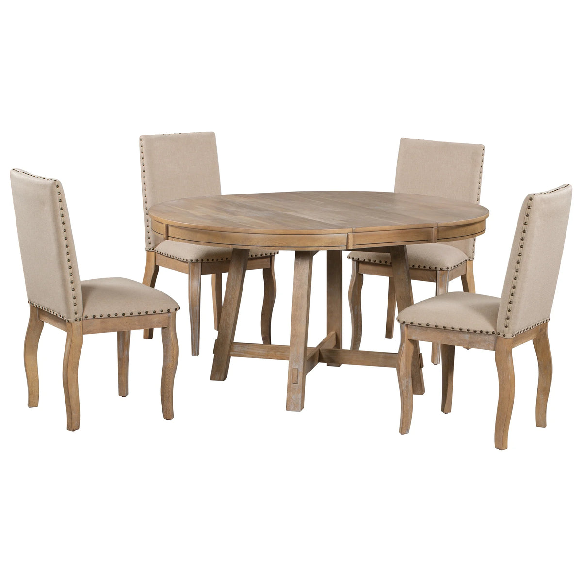 Bellemave 5-Piece Round Dining Table Set, Wood Farmhouse Extendable Dining Table and 4 Upholstered Dining Chairs, Kitchen Dining Table Set for 4 Antique White