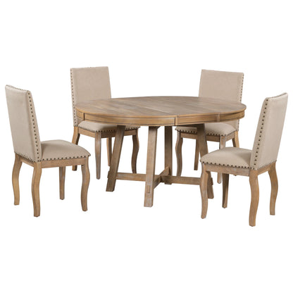 Bellemave 5-Piece Round Dining Table Set, Wood Farmhouse Extendable Dining Table and 4 Upholstered Dining Chairs, Kitchen Dining Table Set for 4 Antique White