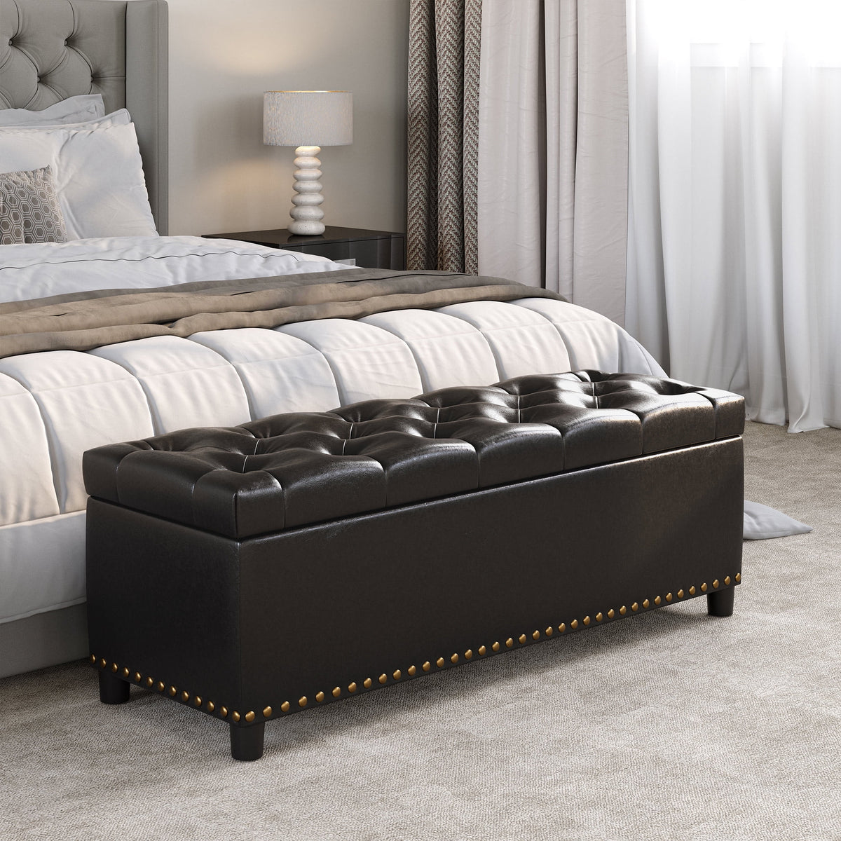 BELLEZE Button-Tufted Faux Leather Storage Ottoman Bench - Brentwood (Dark Brown)