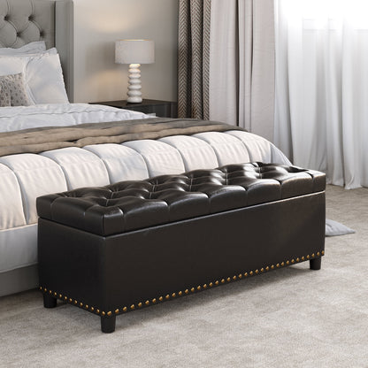 BELLEZE Button-Tufted Faux Leather Storage Ottoman Bench - Brentwood (Dark Brown)
