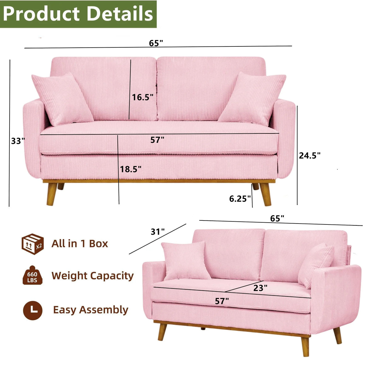 Aukfa 68" Small Sofa Couch Comfy Mid Century Modern Loveseat Sofa for Living Room Bedroom, Cream