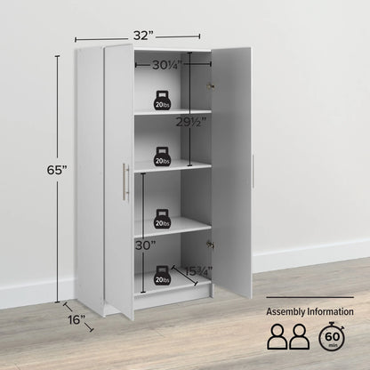 Prepac Adjustable Shelves Cabinet - Functional Tall Garage Table, 16"D x 32"W x 65"H Freestanding Garage Cabinet with 2-Doors, Light Gray - GES-3264