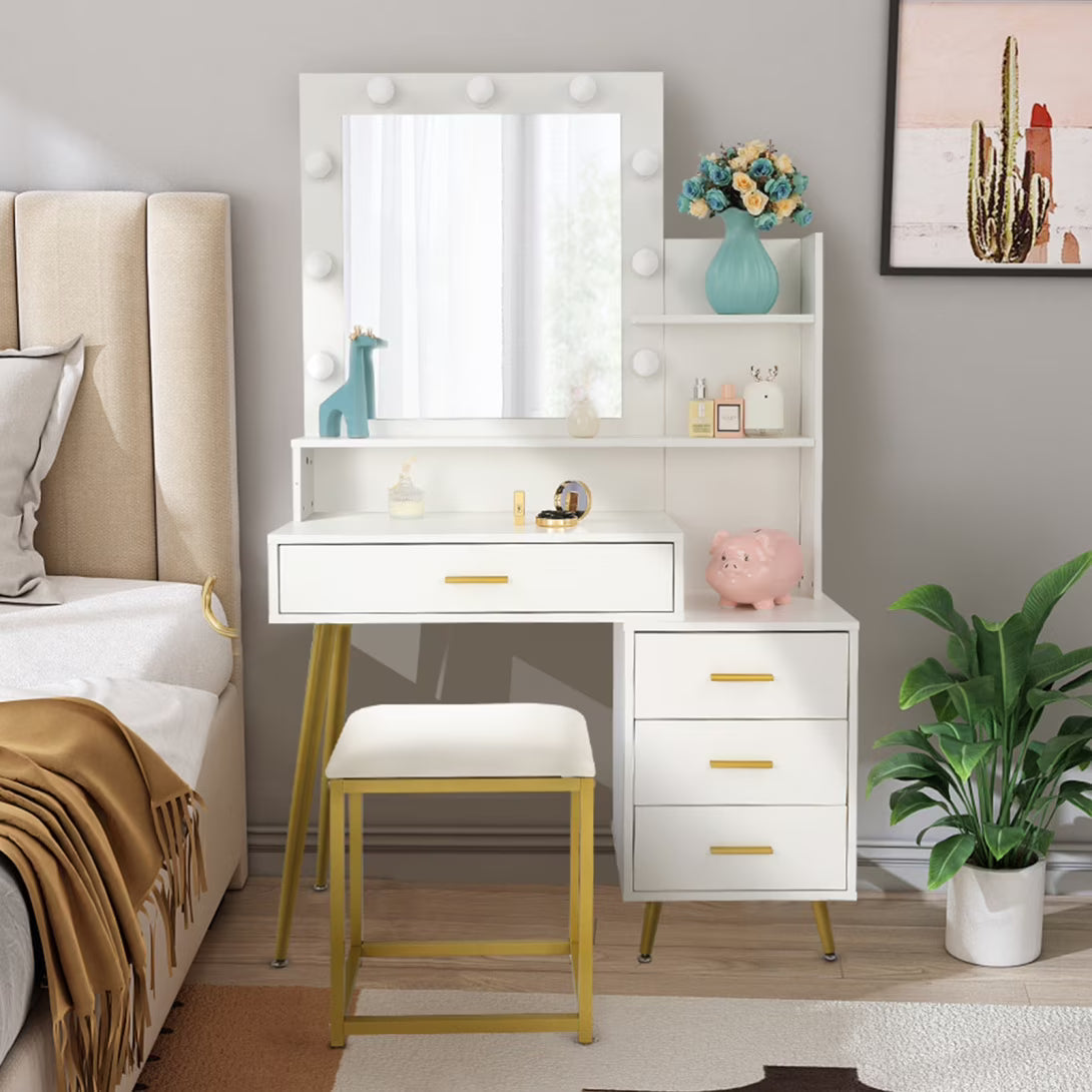 White Vanity Desk with Mirror and Lights, Makeup Vanity with Cushioned Stool, 3 Storage Shelves and 4 Drawers, Bedroom Dressing Table for Girls and Women, Christmas Gift