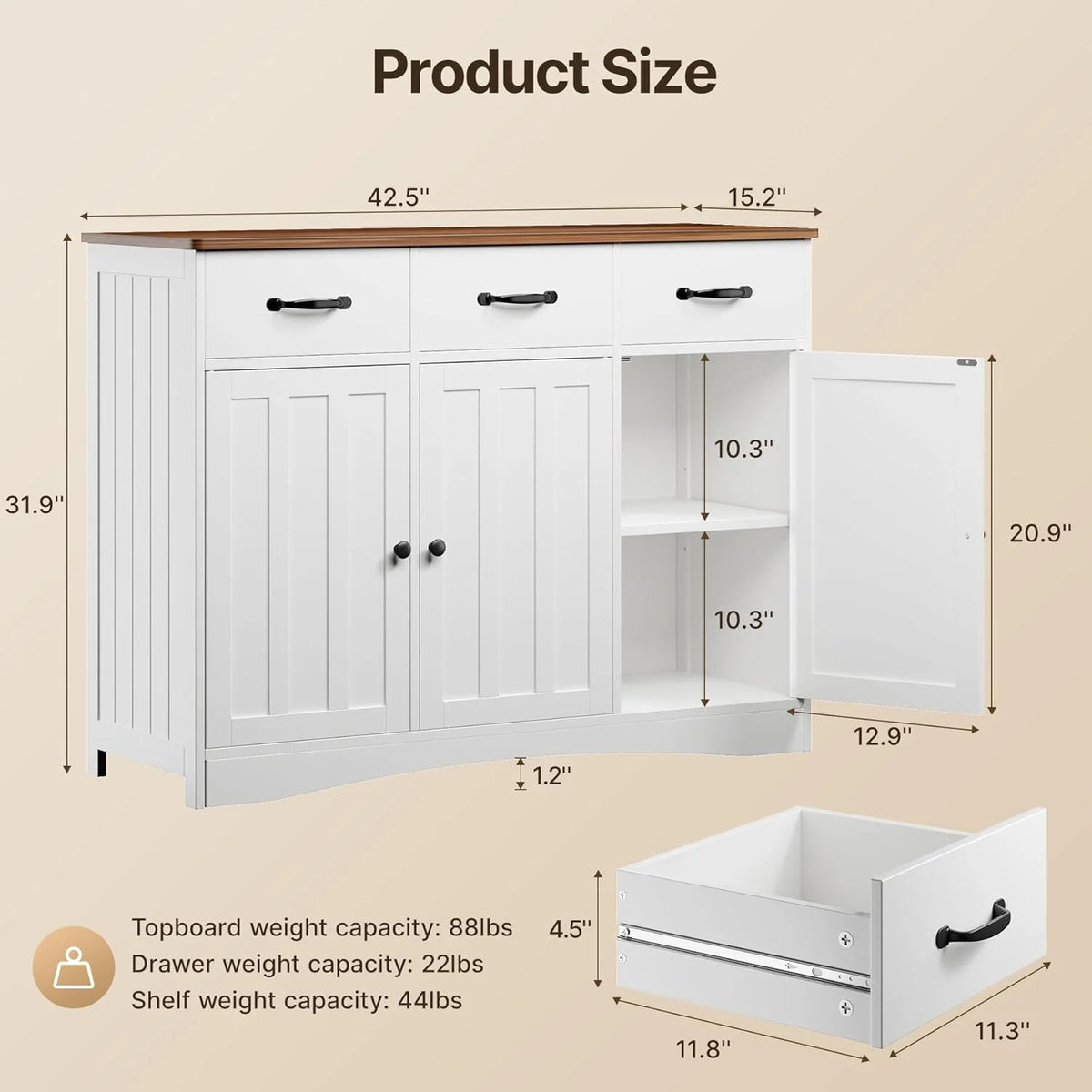 Coffee Bar Cabinet,Lofka Kitchen Storage Cabinet with 3 Drawers for Kitchen, Dining Room, Retro and White