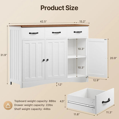 Coffee Bar Cabinet,Lofka Kitchen Storage Cabinet with 3 Drawers for Kitchen, Dining Room, Retro and White