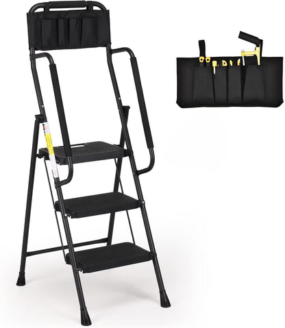 HBTower 4 Step Ladder with Handrails and Tool Bag, Folding Step Stool with Attachable  Anti-Slip Wide Pedal, Black