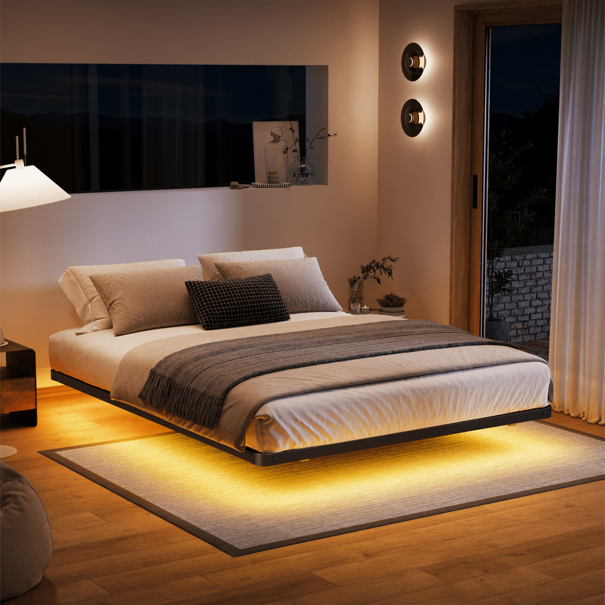 Woozuro 8 inch Queen size Floating Bed Frame with LED Strip Light,No Box Spring Needed,Noise-Free,Black