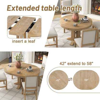 5 Piece Round Dining Table Set, Dining Room Set with Extendable Table and 4 Upholstered Chairs, Wood Dining Table Set for 4, Farmhouse Dining Table Set for Kitchen Dining Room Dorm Apartment, Brown