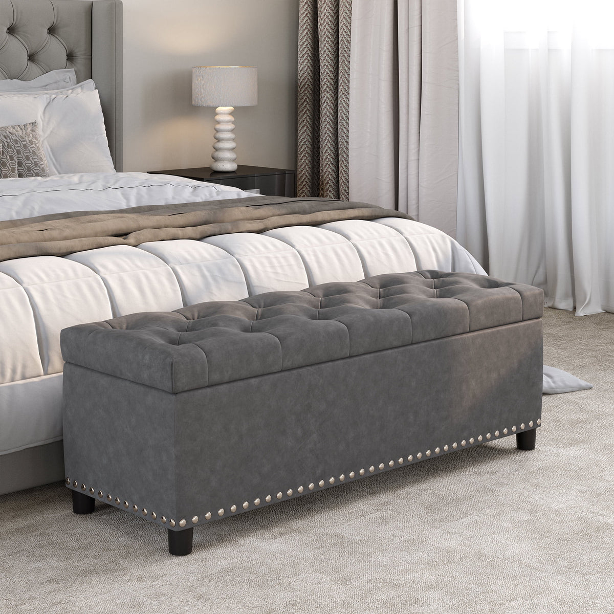 BELLEZE Button-Tufted Faux Leather Storage Ottoman Bench - Brentwood (Dark Brown)