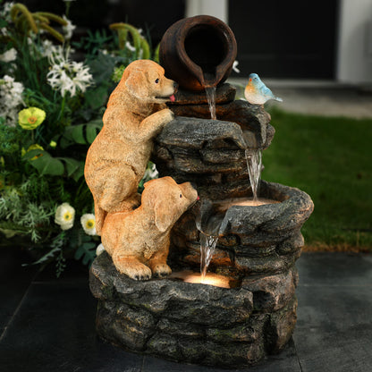 LuxenHome Outdoor Water Fountain, 26" Puppy and Rock Resin Water Fountains Indoor with LED Lights