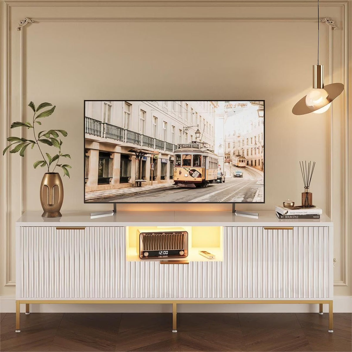 Bestier 55" LED TV Stand for TVs up to 60" Modern High Gloss Entertainment Center with Drawers Cabinets Fluted TV Console, White & Gold