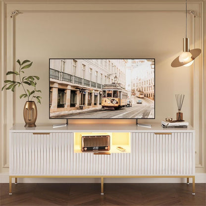 Bestier 55" LED TV Stand for TVs up to 60" Modern High Gloss Entertainment Center with Drawers Cabinets Fluted TV Console, White & Gold